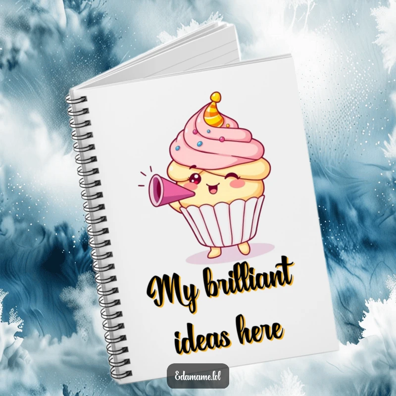 Funny Cupcake Notebook with a cheerful character blowing a party horn, perfect for jotting down notes and funny ideas.