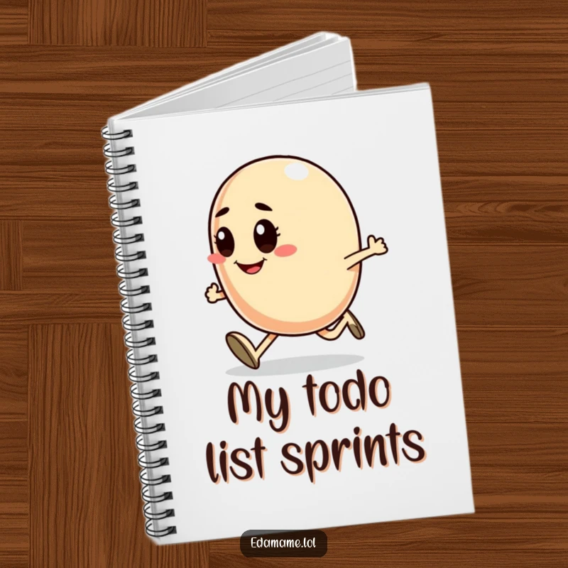 Funny notebook featuring a smiling bean character running with determination, encouraging note-taking and goal setting.