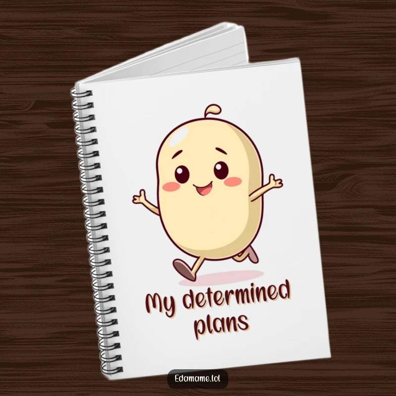 Funny notebook with a determined bean character running with a smile, designed for jotting down notes with a humorous, motivational theme.