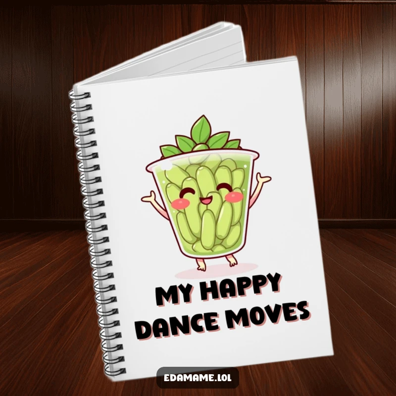 Funny notebook with a cheerful cup of edamame dancing, perfect for note-taking and creative inspiration.