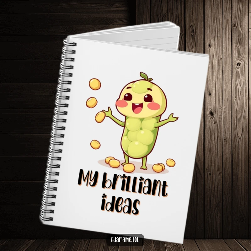 Funny notebook showcasing a happy anthropomorphic edamame pod juggling beans, perfect for note-taking and brainstorming.