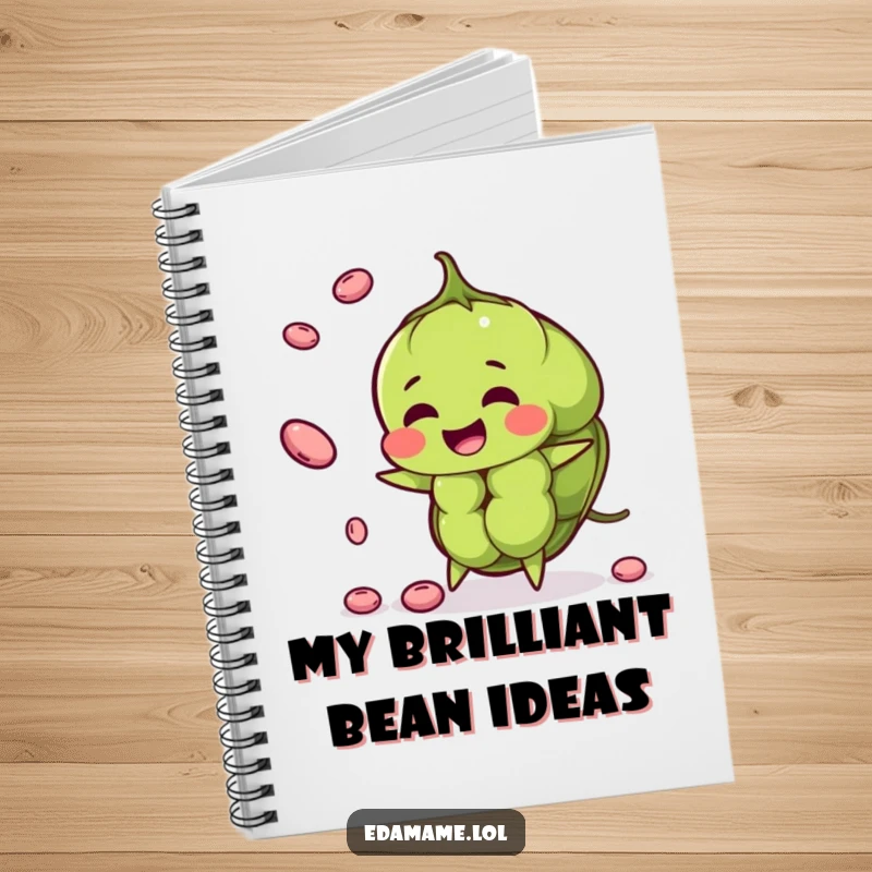 Funny edamame pod notebook for jotting down notes, artfully juggling smaller beans with a cheerful expression.