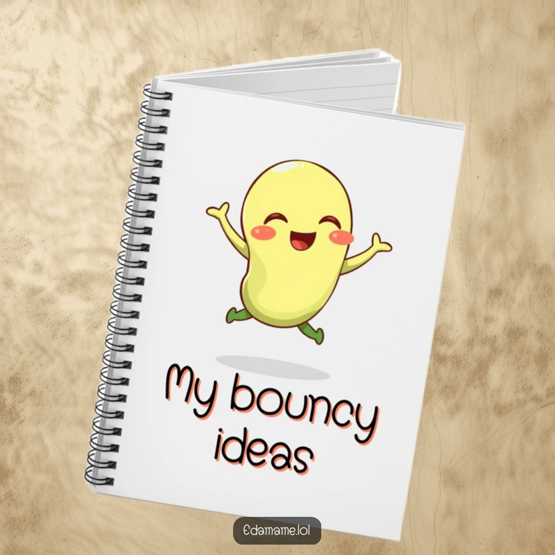 Funny notebook showcasing a giggling edamame bean in a bouncy jump, perfect for note-taking and creative thinking.