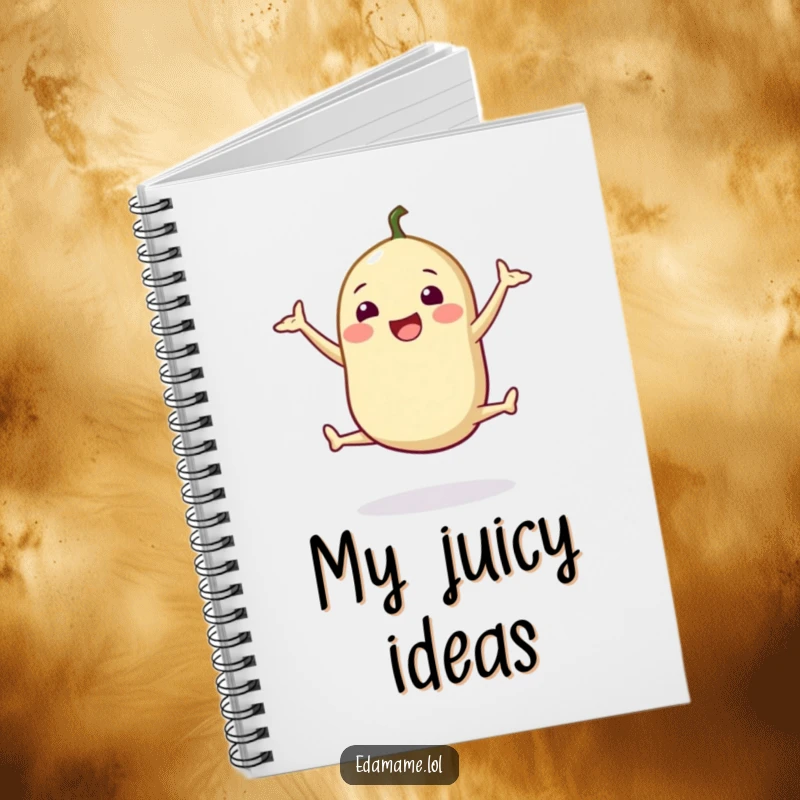Funny notebook with a happy edamame pod doing a cheerful split jump, ideal for journaling fitness goals and healthy ideas.