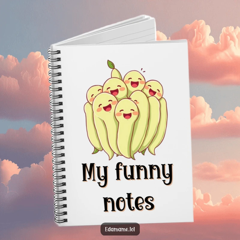 Funny cluster of edamame beans laughing together heartily on the cover of a notebook. Ideal for journaling and funny stories.