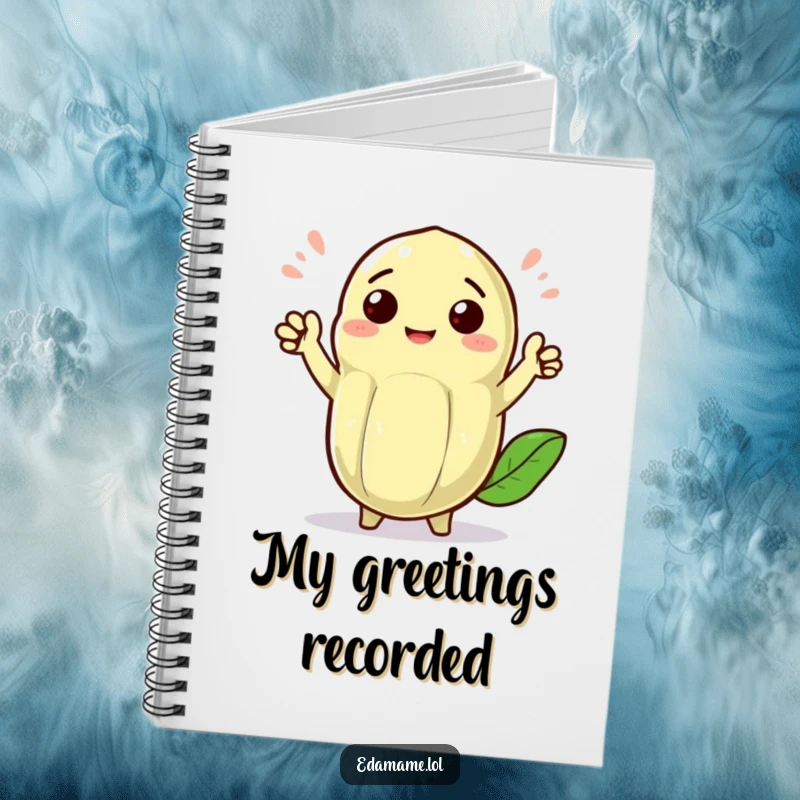 Funny cheerful edamame pod with tiny arms waving enthusiastically, on the cover of a notebook, for writing friendly messages.