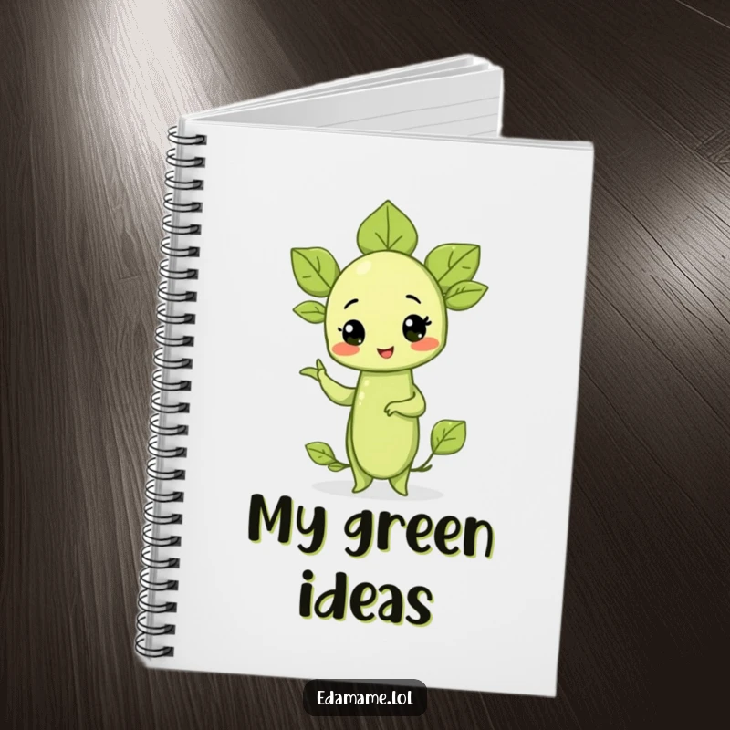 Funny notebook with a proud edamame sprout striking a confident pose, designed for jotting down notes with a humorous, healthy theme.
