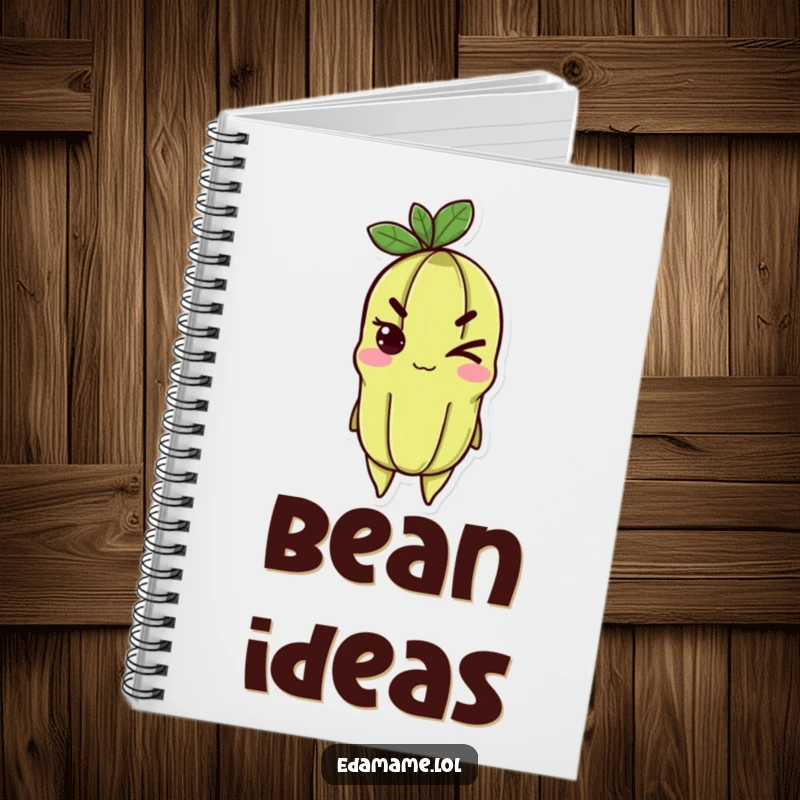 Funny edamame notebook with a cheerful character giving a determined wink, ideal for jotting down witty ideas.