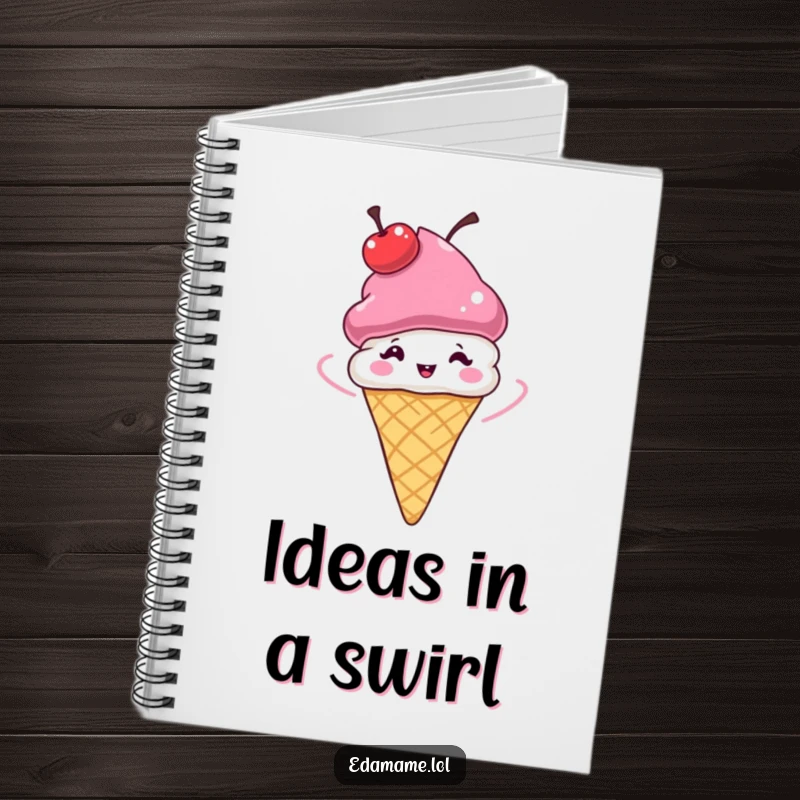 Funny Ice Cream Cone Notebook with a cherry hat spinning, ideal for jotting down ideas with a humorous touch.