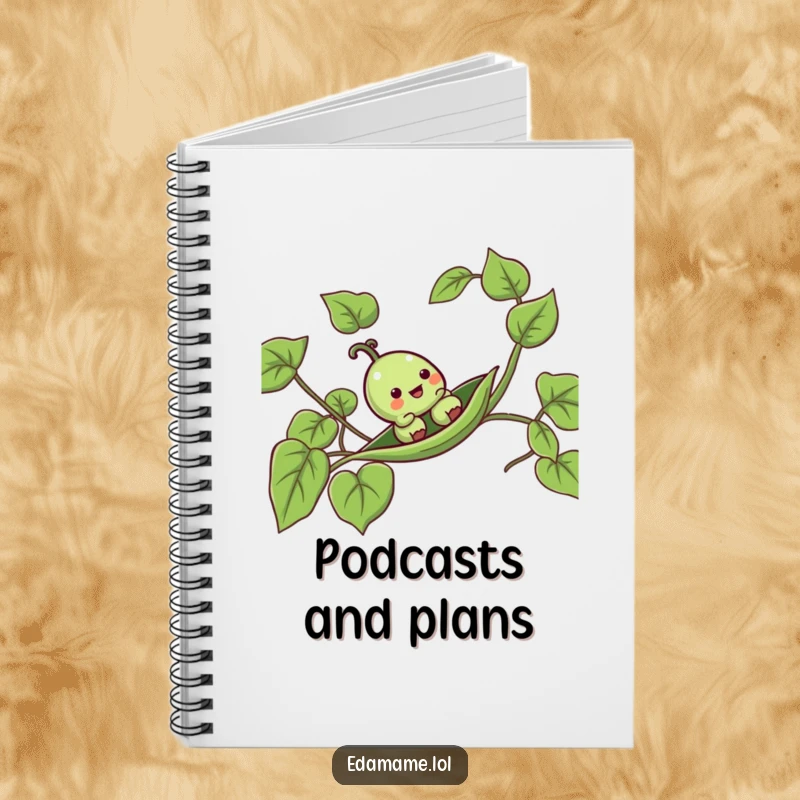 Funny pea pod notebook featuring a cheerful pod sliding down a vine, perfect for jotting down funny thoughts.