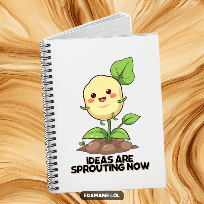 Funny pod hopping notebook with a happy plant character, ready to inspire cheerful thoughts and notes.