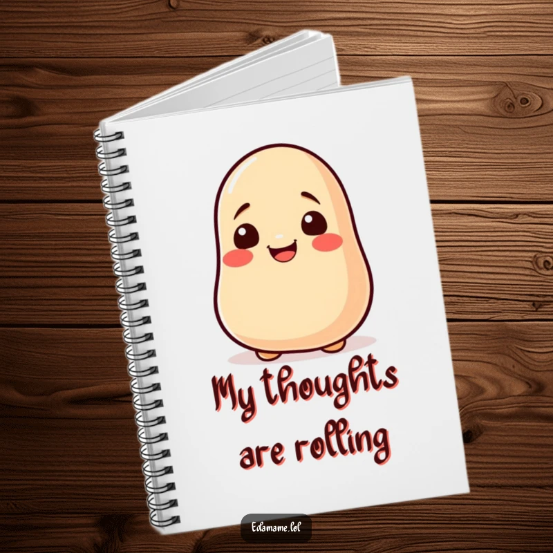 Funny soy bean rolling notebook with a smiling bean character ready to inspire laughter during note-taking.