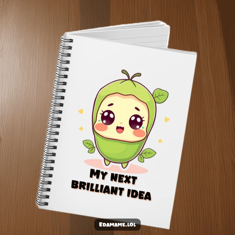 Funny surprised edamame pod notebook, featuring a cute bean character with wide, shocked, happy eyes, perfect for notes.