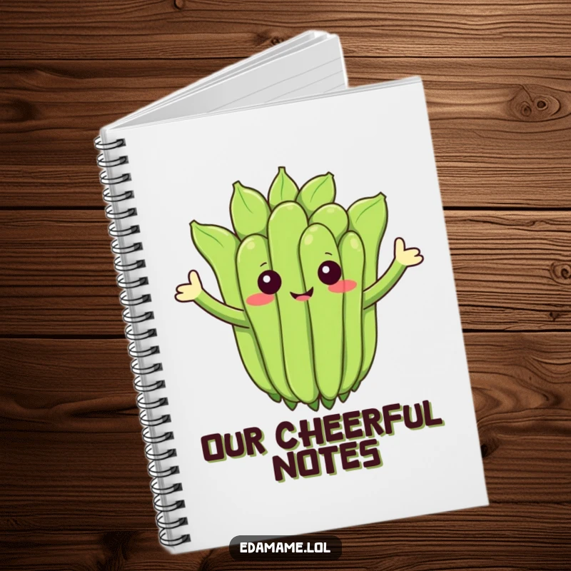 Funny notebook with a cheerful edamame cluster waving, for jotting down ideas humorously.