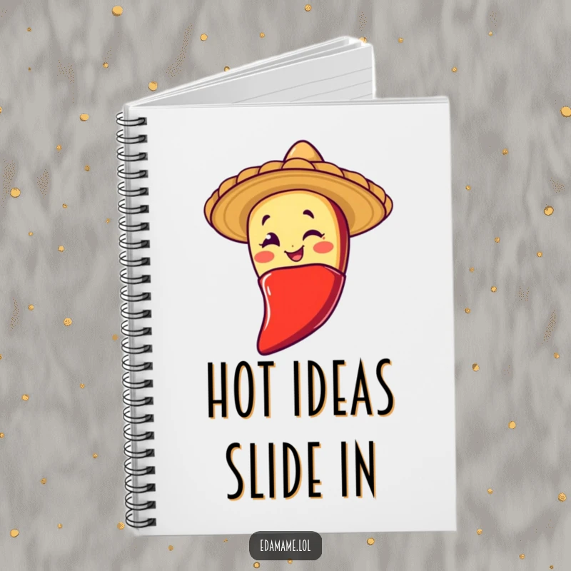 Funny notebook featuring a winking taco character sliding down a chili pepper, perfect for jotting down creative ideas and spicy plans.
