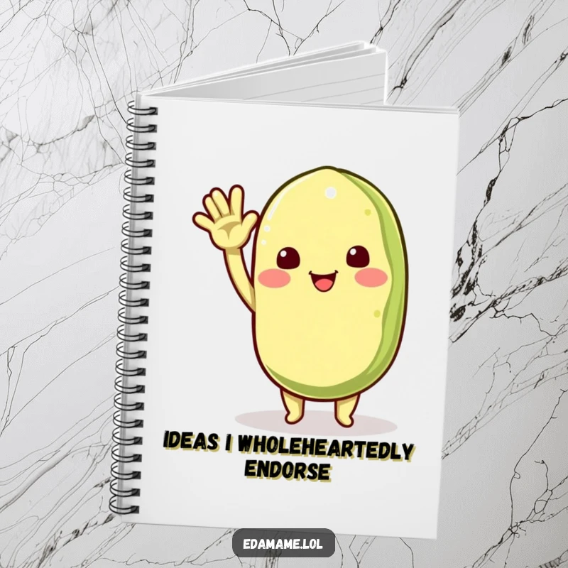 Funny notebook with a happy edamame pod character waving enthusiastically, ideal for jotting down notes with a friendly and cheerful vibe.