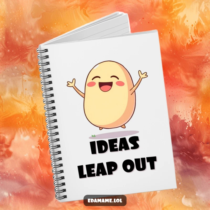 Funny notebook with a laughing bean pod jumping in the air, designed for jotting down notes with a humorous, joyful theme.