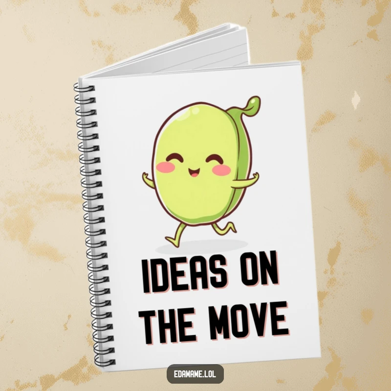 Funny smiling edamame pod with little legs happily skipping, on the cover of a notebook, for jotting down happy thoughts.