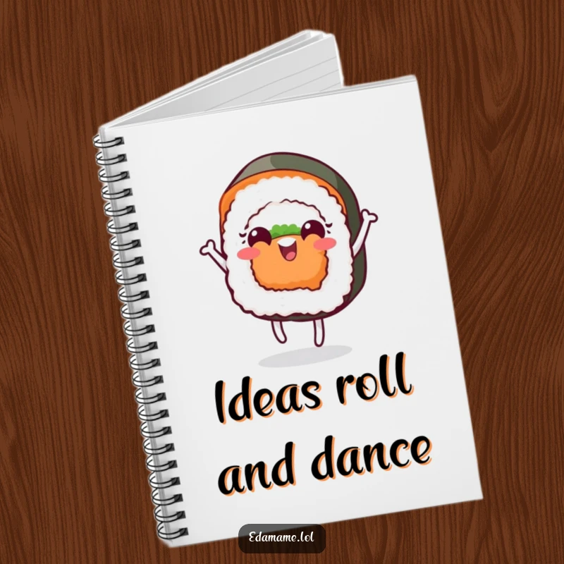 Funny notebook featuring a cheerful sushi roll with a face dancing, perfect for jotting down creative ideas and culinary plans.