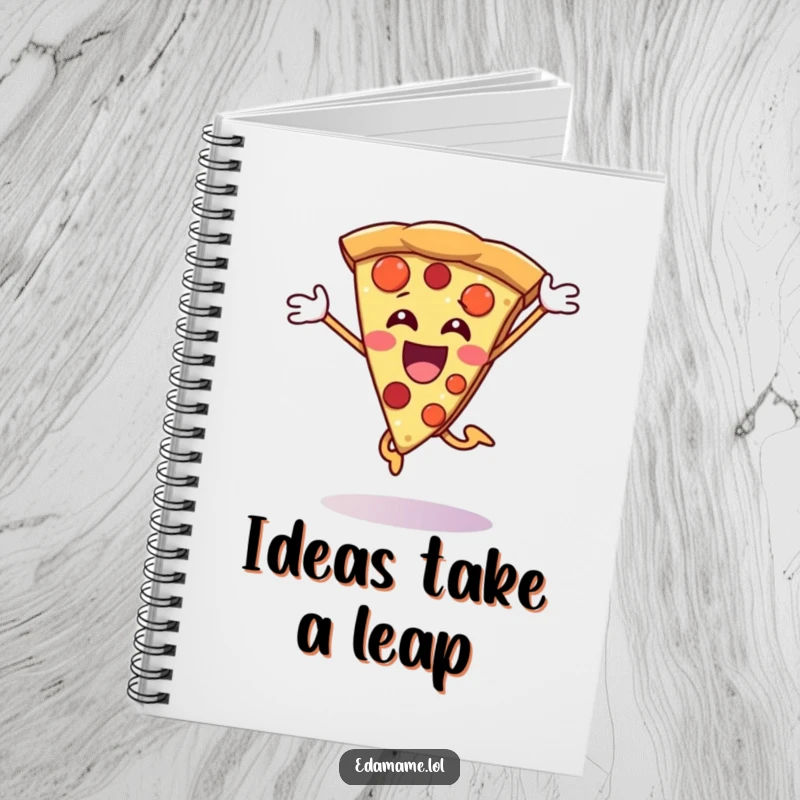 Funny Pizza Slice Notebook with a cheerful character jumping with joy, perfect for notes and funny ideas.