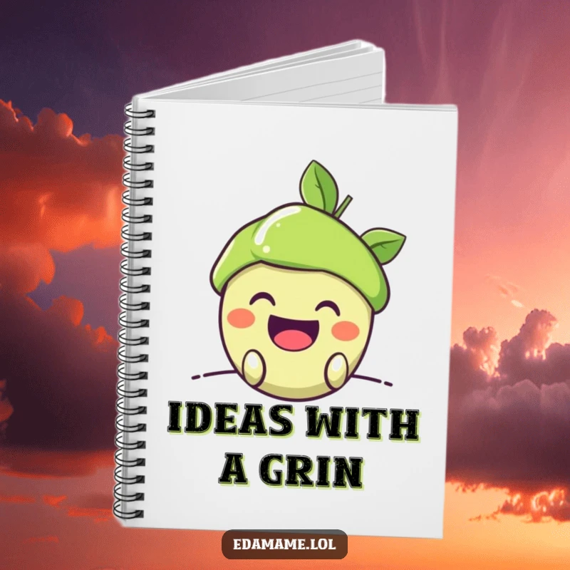 Funny Notebook: A happy edamame pod peeking out with a mischievous grin, perfect for jotting down playful ideas with humor.