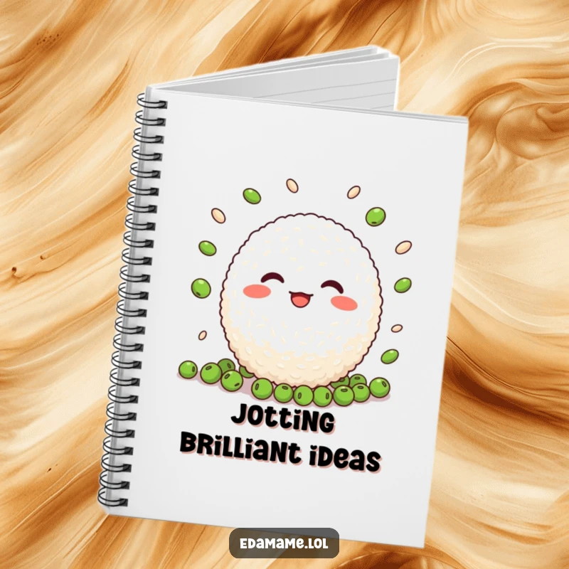 Funny Rice Ball Juggling Notebook: A whimsical notebook with a cheerful rice ball character juggling peas, inspiring creative thoughts.