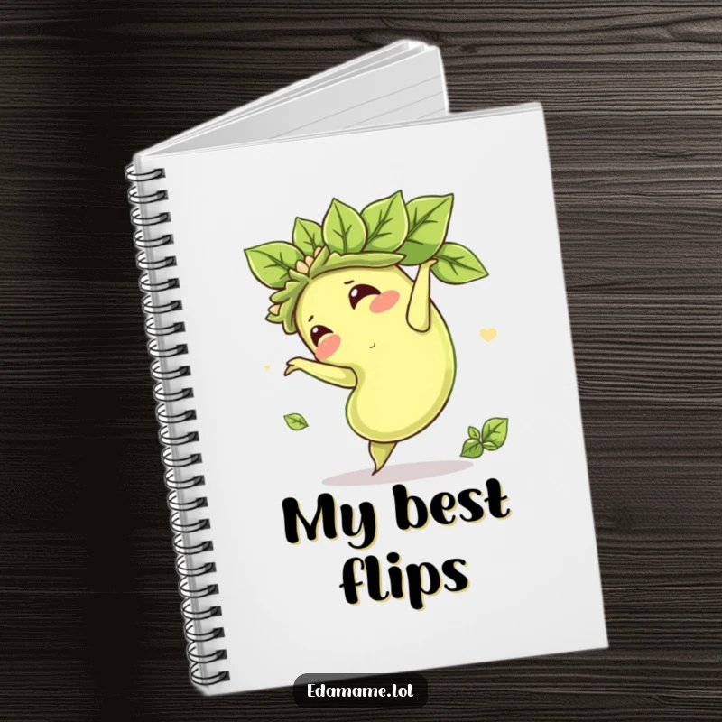 Funny notebook with a cover image of an edamame bean performing a somersault, leafy crown intact, ready for your brilliant ideas.