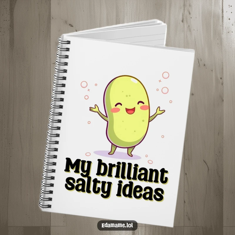 Funny notebook with a happy edamame bean juggling salt crystals, ideal for jotting down recipes or thoughts with a humorous twist.