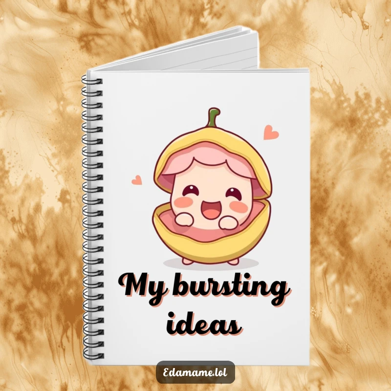 Funny happy edible bean pod splitting open with excitement, on the cover of a notebook. Ideal for writing, drawing, and funny ideas.