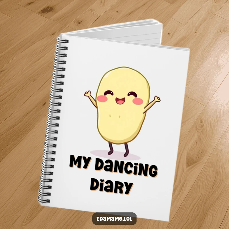 Funny notebook with a smiling edamame with legs dancing, for jotting down ideas humorously.