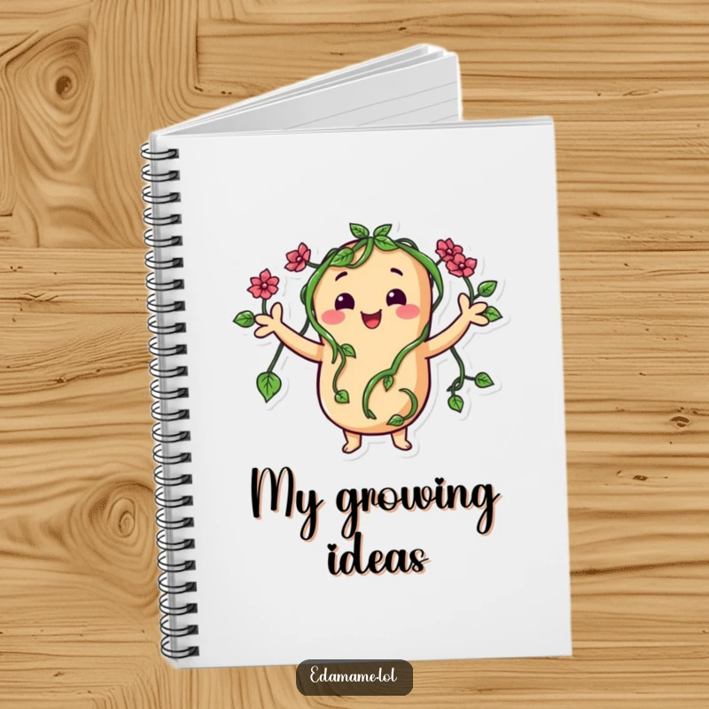 Funny notebook featuring a happy bean character with vine arms waving, providing a cheerful cover for your notes.