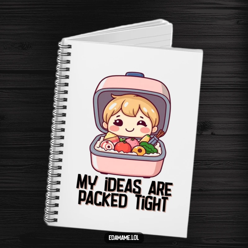 Funny notebook with a smiling bento box character opening to reveal happy food, perfect for capturing notes with a side of edible joy.