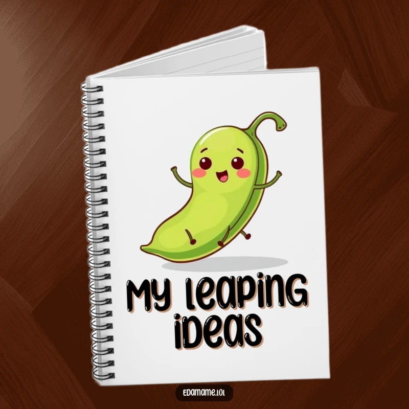 Funny notebook with a bright green bean pod character with tiny legs hopping gleefully across the cover, ready for notes.