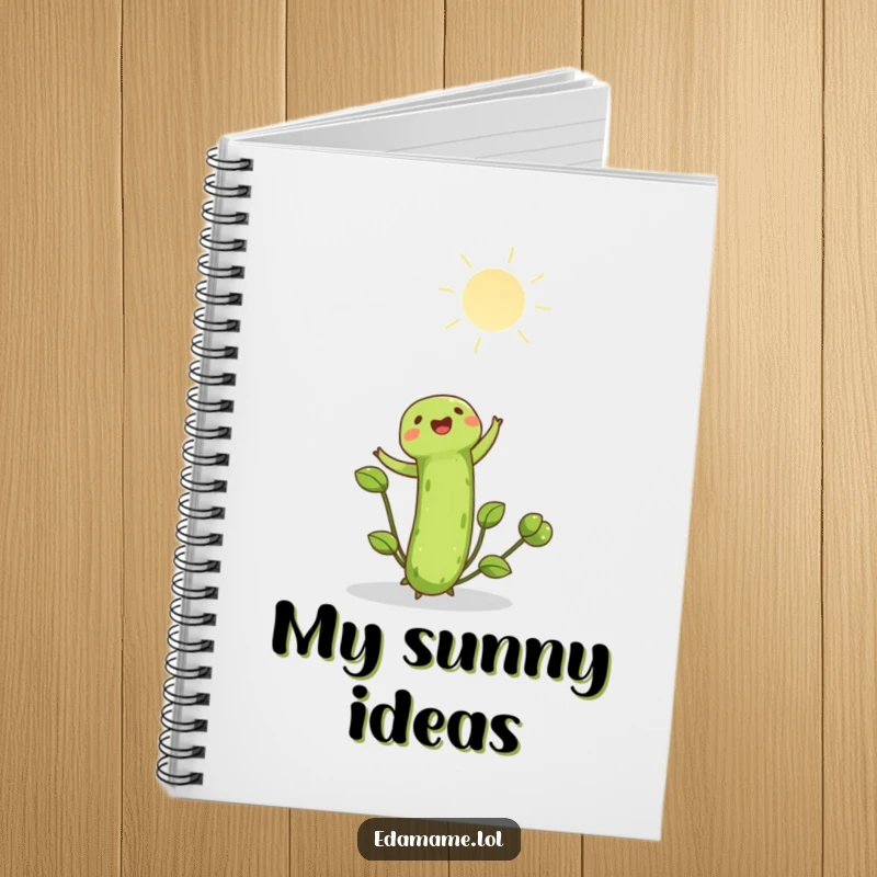 Funny edamame shoot joyfully reaching towards the bright sun on the cover of a notebook. Ideal for journaling and sunny thoughts.