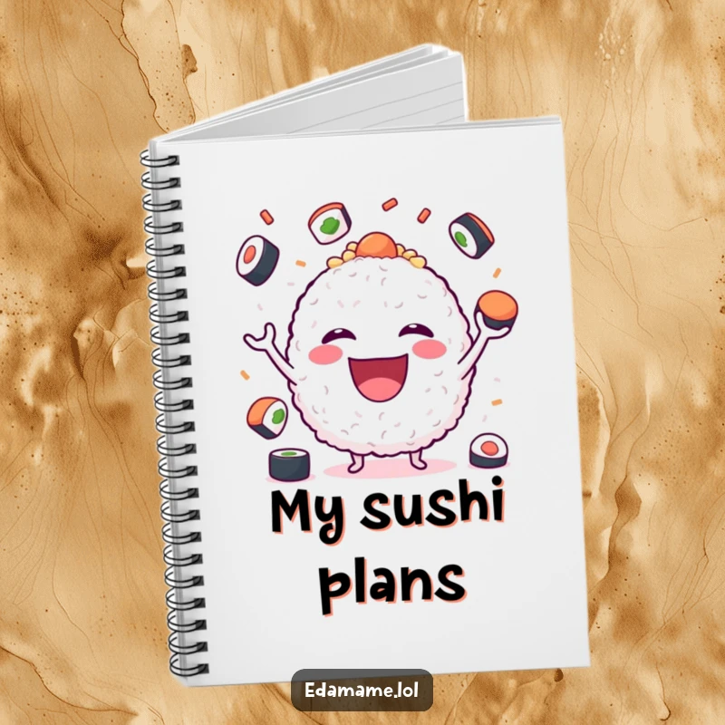 Funny Notebook with a joyful rice ball juggling sushi, perfect for jotting down notes and bright ideas.