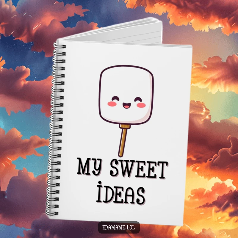 Funny notebook featuring a cheerful marshmallow character popping off a stick, ideal for writing notes, ideas, or sweet, campfire-themed thoughts.