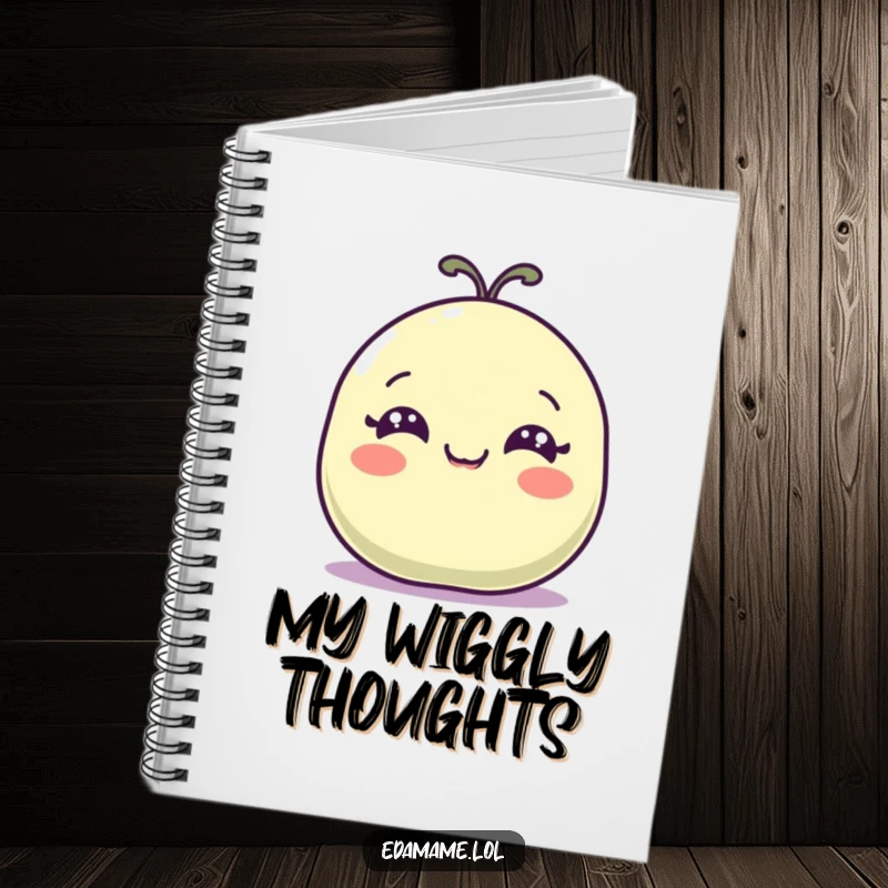 Funny notebook with a happy bean pod with wide eyes wiggling, for jotting down ideas humorously.