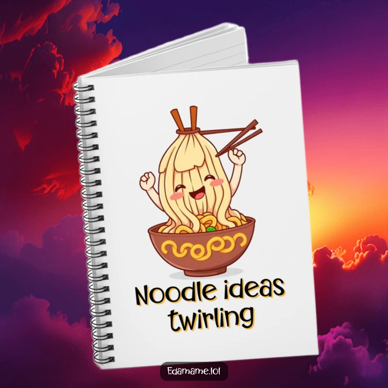 Funny ramen noodle notebook, a smiling noodle character looping with chopsticks, perfect for notes.