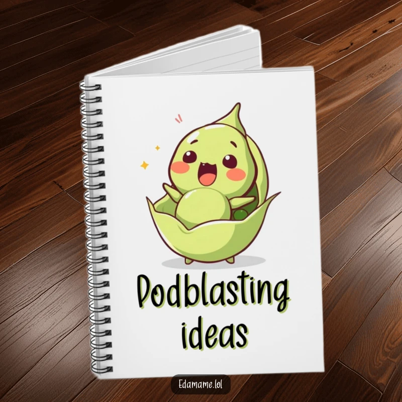 Funny edamame notebook with a surprised character launching from its pod, ideal for jotting down sudden ideas.
