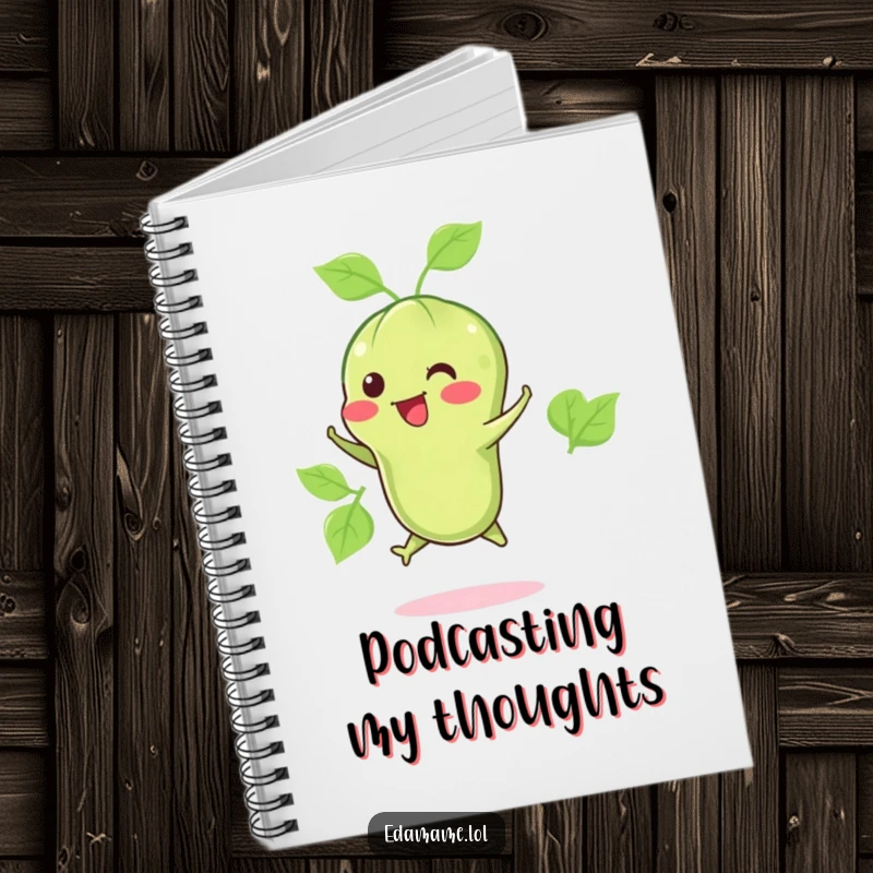 Funny notebook illustrating a happy edamame pod jumping, perfect for notes, journaling, and healthy habit tracking with a playful flair.