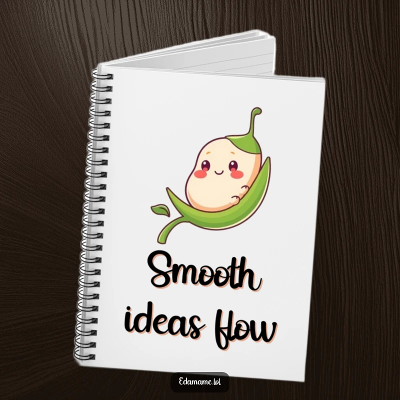 Funny smiling bean pod character sliding down a stalk, on the cover of a practical notebook.