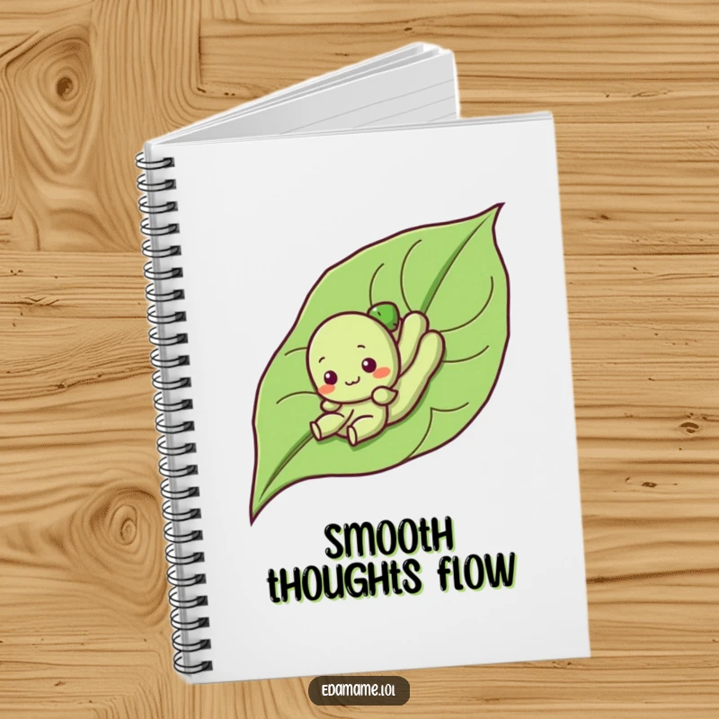 Funny notebook with a cute edamame character sliding down a leaf, designed for jotting down notes with a humorous, playful theme.