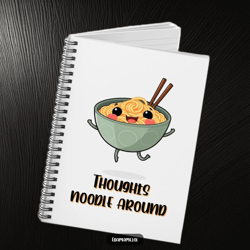 Funny notebook featuring a smiling ramen bowl on legs skipping, perfect for jotting down recipes and happy thoughts.