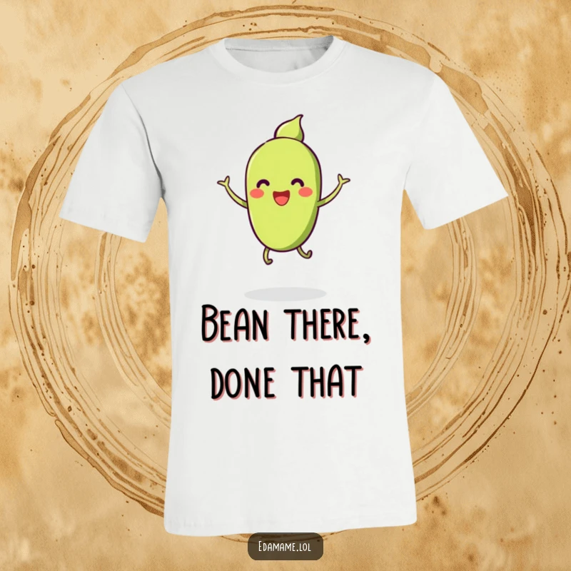 Funny t-shirt depicting a pod of smiling edamame with tiny legs, energetically jumping with pure, unadulterated cheerfulness.