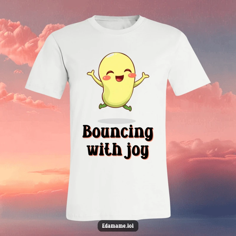 Funny t-shirt depicting a giggling edamame bean joyfully performing a high, bouncy jump, perfect for active fun.