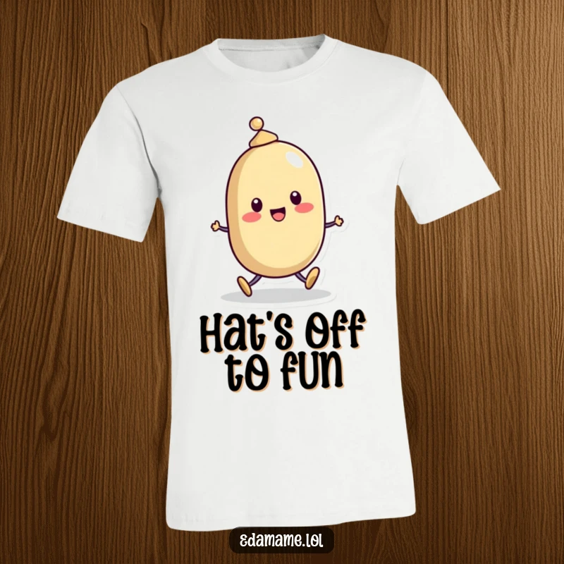 Funny T-Shirt: A cheerful bean character wearing a tiny hat, joyfully skipping along with a beaming smile.