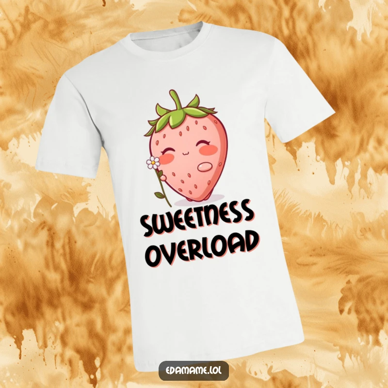 Funny Strawberry T-Shirt: A cute strawberry character depicted blushing and offering a small flower with a sweet expression.
