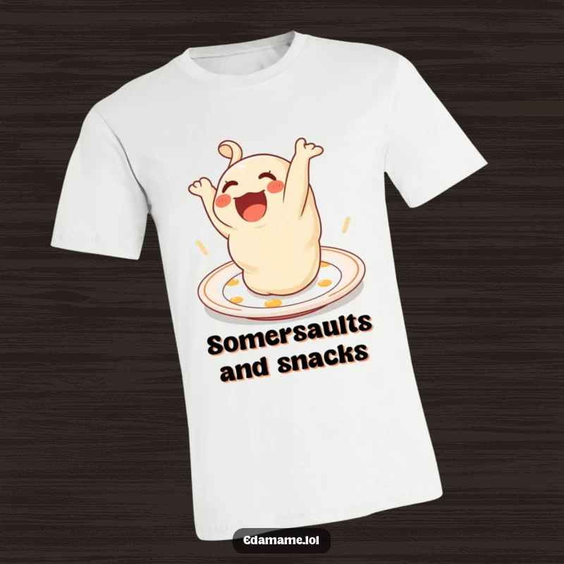 Funny T-Shirt of a delighted dumpling character doing a happy somersault on a plate, a culinary comedian.