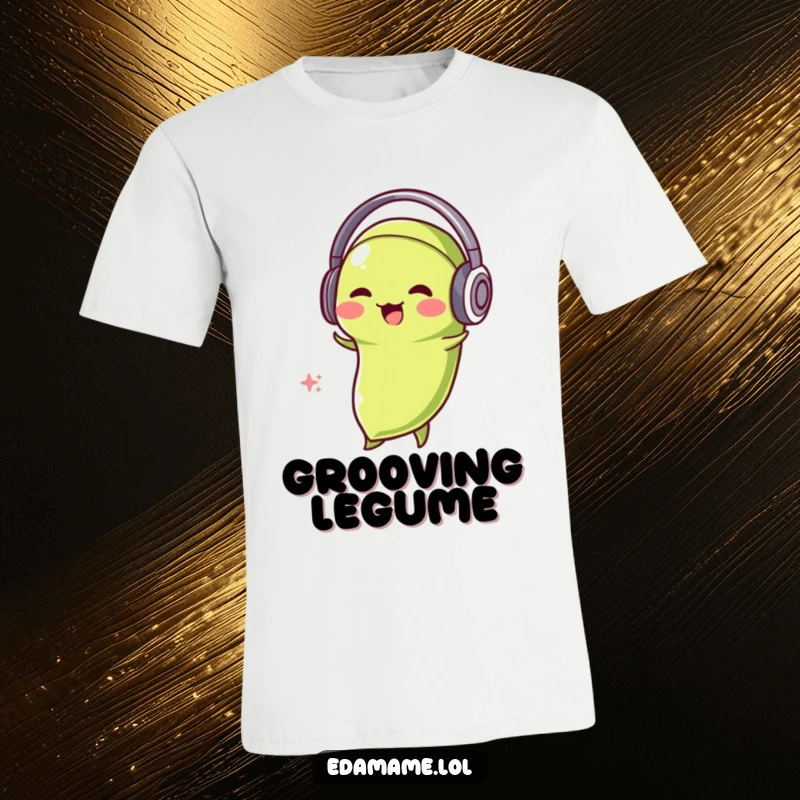 Funny Edamame DJ T-Shirt showing a smiling edamame bean wearing headphones and bobbing its head.