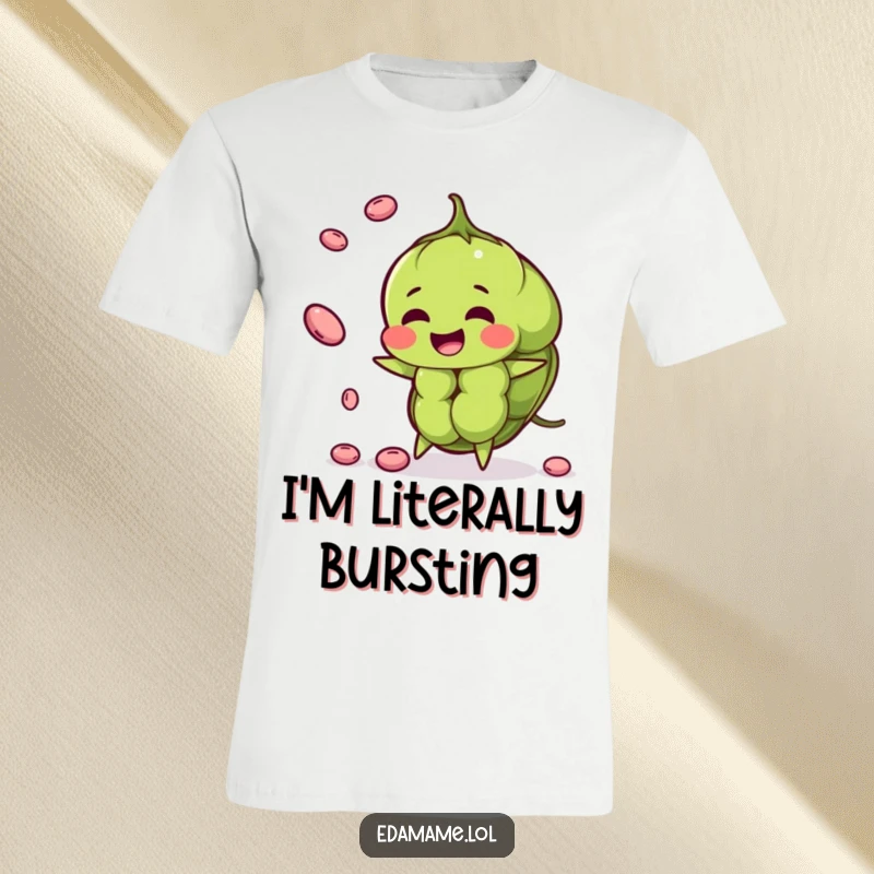 Funny edamame pod t-shirt juggling smaller beans, showcasing a cheerful vibe for fitness and food lovers.